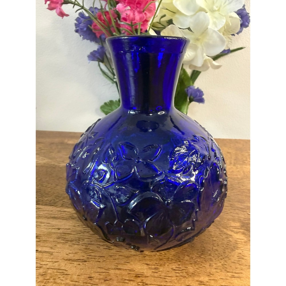 Vintage Cobalt Blue Glass Vase Raised Floral Pattern Bulbous Trumpet Farmhouse